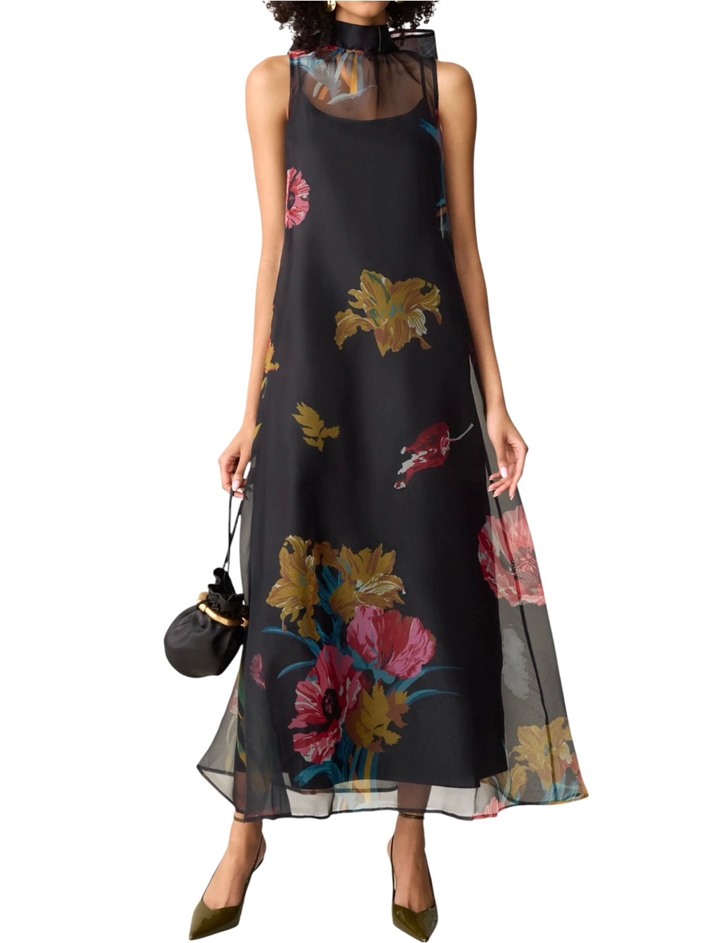 Caara Few Moda Melody Dress Sheer Floral Maxi  Multicolor Tulip Blooms On Black